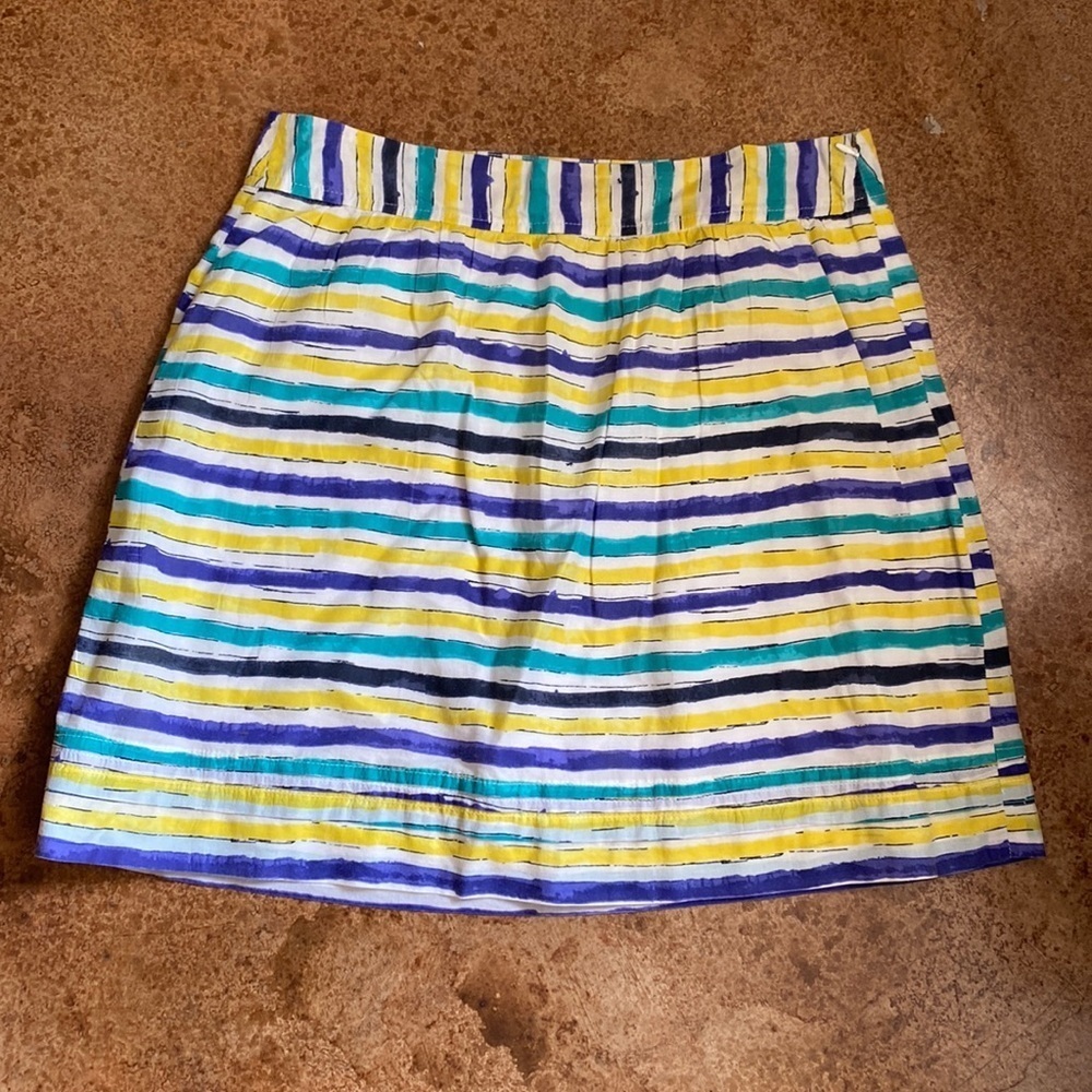 Ann Taylor Loft blue striped cotton flat front gathered circle skater mini skirt